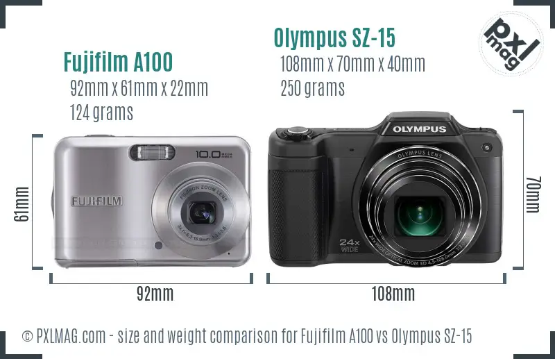 Fujifilm A100 vs Olympus SZ-15 size comparison