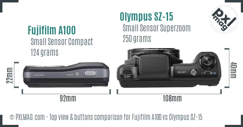 Fujifilm A100 vs Olympus SZ-15 top view buttons comparison