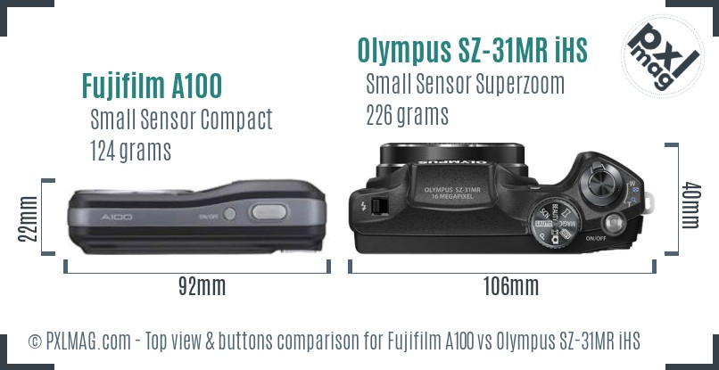Fujifilm A100 vs Olympus SZ-31MR iHS top view buttons comparison