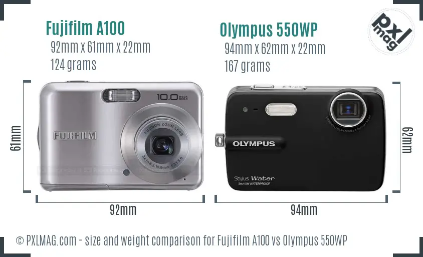 Fujifilm A100 vs Olympus 550WP size comparison Fujifilm A100 vs Olympus 550WP size comparison