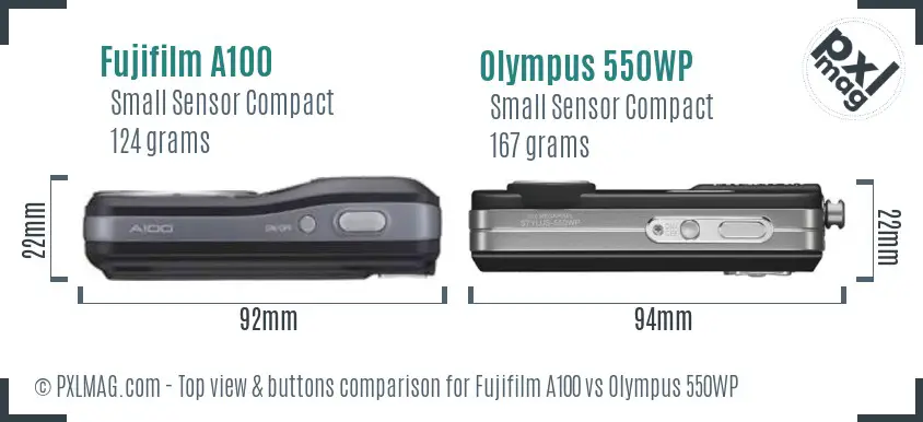Fujifilm A100 vs Olympus 550WP top view buttons comparison Fujifilm A100 vs Olympus 550WP top view buttons comparison