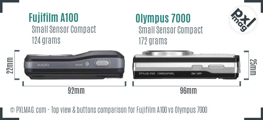 Fujifilm A100 vs Olympus 7000 top view buttons comparison