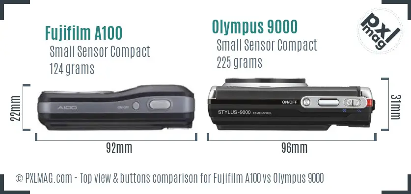 Fujifilm A100 vs Olympus 9000 top view buttons comparison Fujifilm A100 vs Olympus 9000 top view buttons comparison