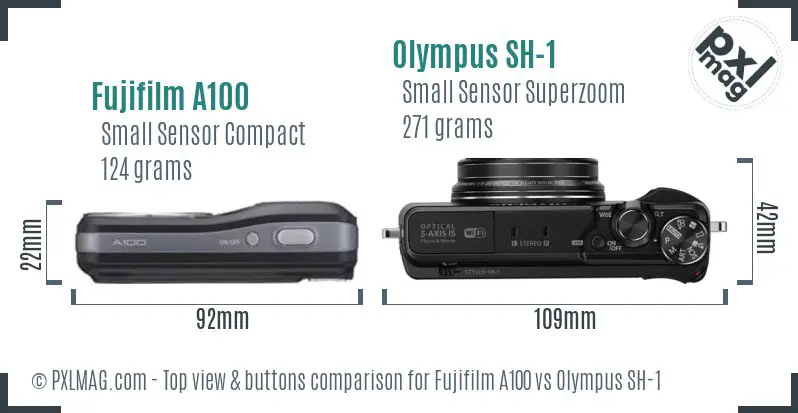 Fujifilm A100 vs Olympus SH-1 top view buttons comparison