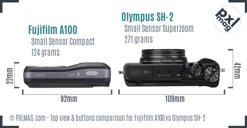 Fujifilm A100 vs Olympus SH-2 top view buttons comparison