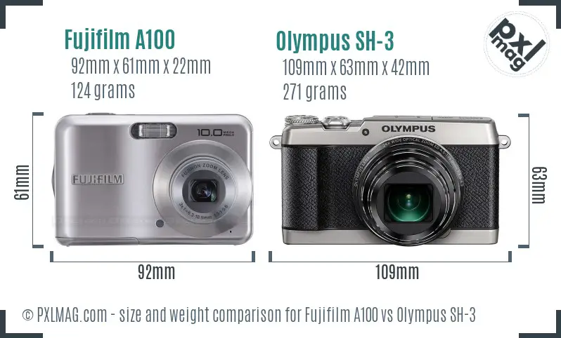 Fujifilm A100 vs Olympus SH-3 size comparison