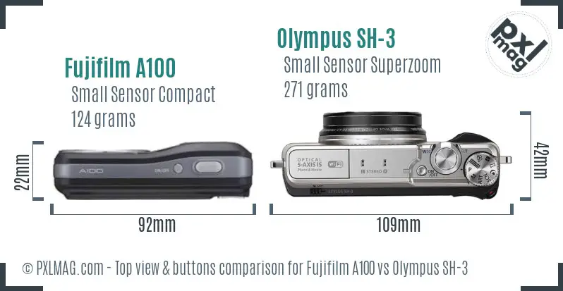 Fujifilm A100 vs Olympus SH-3 top view buttons comparison