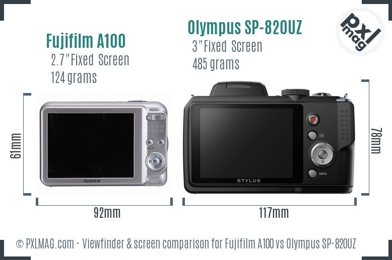 Fujifilm A100 vs Olympus SP-820UZ Screen and Viewfinder comparison
