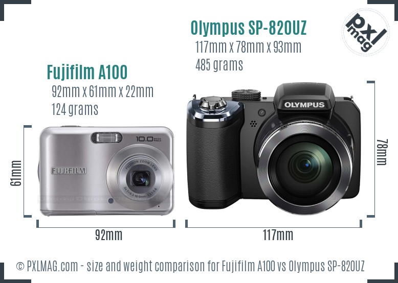 Fujifilm A100 vs Olympus SP-820UZ size comparison