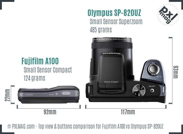 Fujifilm A100 vs Olympus SP-820UZ top view buttons comparison
