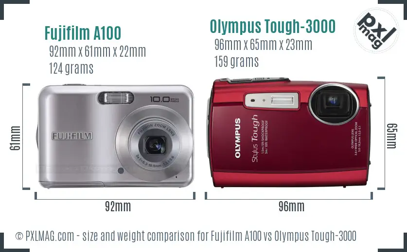 Fujifilm A100 vs Olympus Tough-3000 size comparison Fujifilm A100 vs Olympus Tough-3000 size comparison