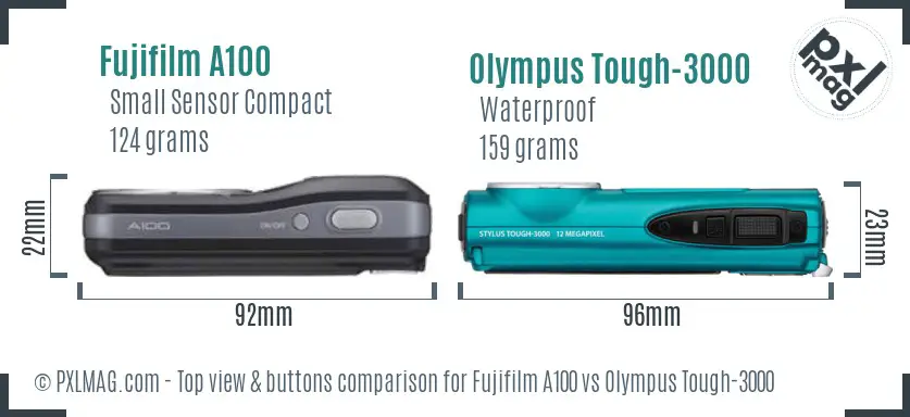 Fujifilm A100 vs Olympus Tough-3000 top view buttons comparison Fujifilm A100 vs Olympus Tough-3000 top view buttons comparison