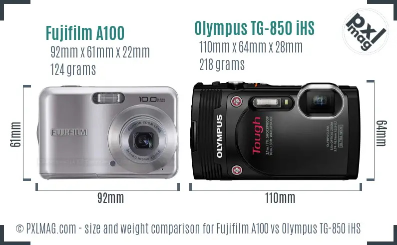 Fujifilm A100 vs Olympus TG-850 iHS size comparison Fujifilm A100 vs Olympus TG-850 iHS size comparison