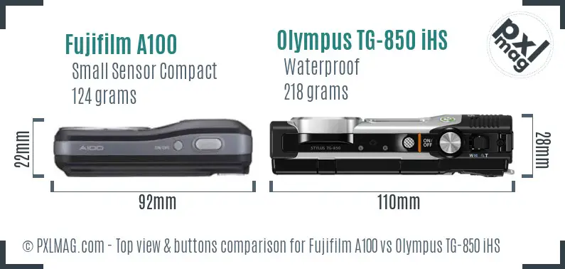 Fujifilm A100 vs Olympus TG-850 iHS top view buttons comparison Fujifilm A100 vs Olympus TG-850 iHS top view buttons comparison