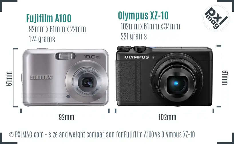 Fujifilm A100 vs Olympus XZ-10 size comparison
