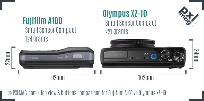 Fujifilm A100 vs Olympus XZ-10 top view buttons comparison