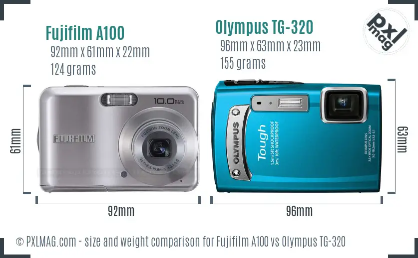 Fujifilm A100 vs Olympus TG-320 size comparison