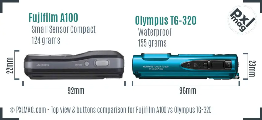 Fujifilm A100 vs Olympus TG-320 top view buttons comparison