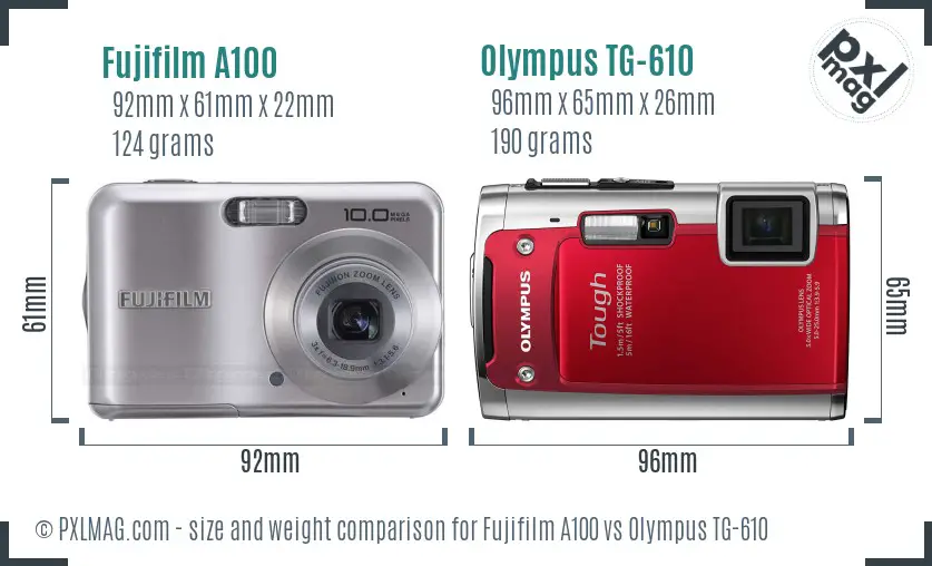 Fujifilm A100 vs Olympus TG-610 size comparison