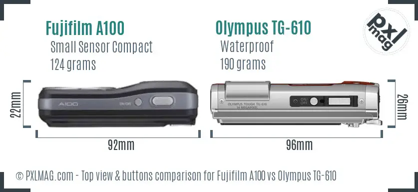 Fujifilm A100 vs Olympus TG-610 top view buttons comparison