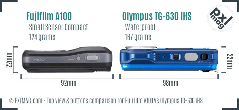 Fujifilm A100 vs Olympus TG-630 iHS top view buttons comparison