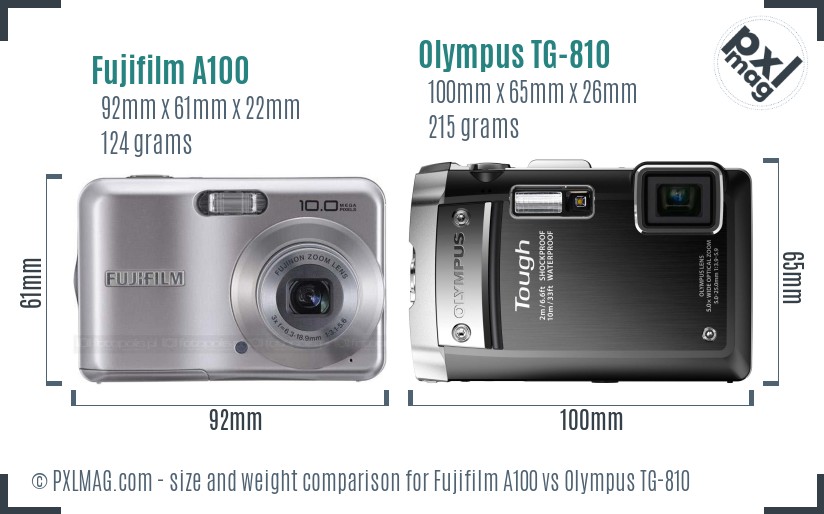Fujifilm A100 vs Olympus TG-810 size comparison