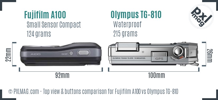 Fujifilm A100 vs Olympus TG-810 top view buttons comparison