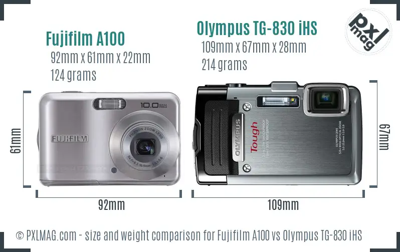 Fujifilm A100 vs Olympus TG-830 iHS size comparison Fujifilm A100 vs Olympus TG-830 iHS size comparison