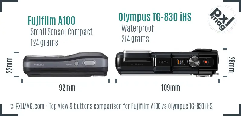 Fujifilm A100 vs Olympus TG-830 iHS top view buttons comparison Fujifilm A100 vs Olympus TG-830 iHS top view buttons comparison