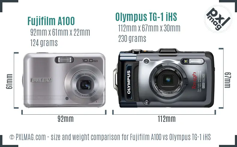 Fujifilm A100 vs Olympus TG-1 iHS size comparison