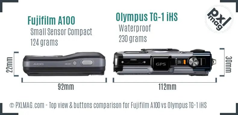 Fujifilm A100 vs Olympus TG-1 iHS top view buttons comparison