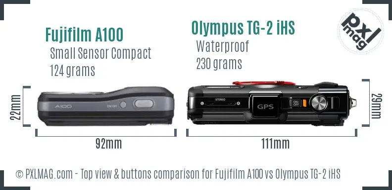 Fujifilm A100 vs Olympus TG-2 iHS top view buttons comparison