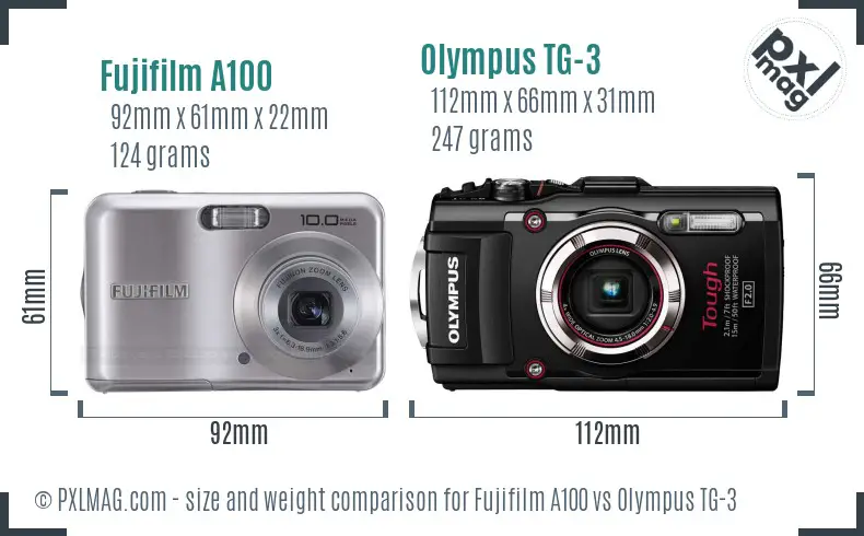 Fujifilm A100 vs Olympus TG-3 size comparison