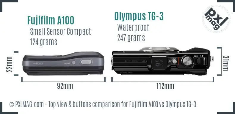 Fujifilm A100 vs Olympus TG-3 top view buttons comparison