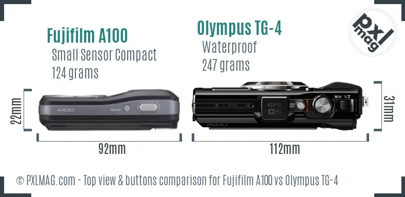 Fujifilm A100 vs Olympus TG-4 top view buttons comparison