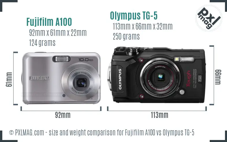 Fujifilm A100 vs Olympus TG-5 size comparison