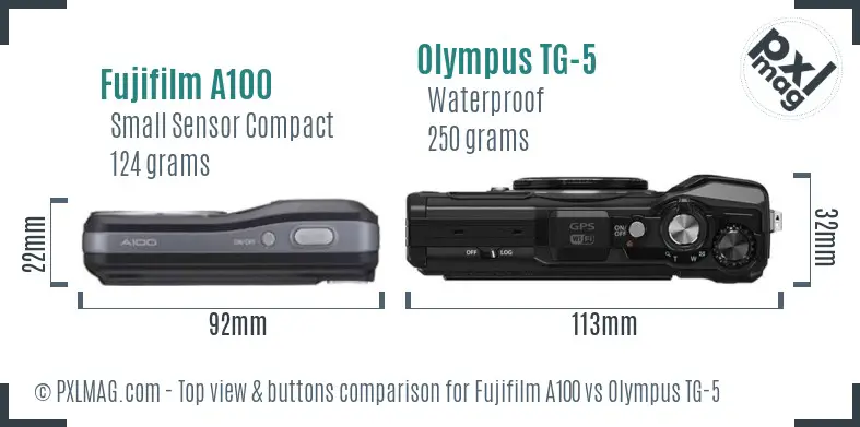 Fujifilm A100 vs Olympus TG-5 top view buttons comparison