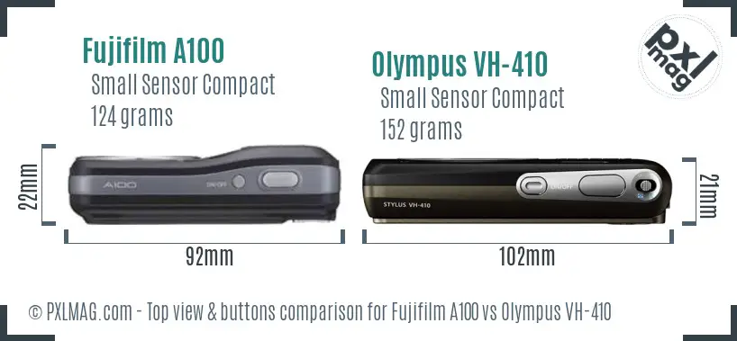 Fujifilm A100 vs Olympus VH-410 top view buttons comparison