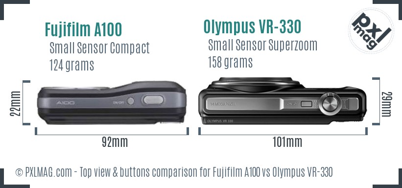 Fujifilm A100 vs Olympus VR-330 top view buttons comparison