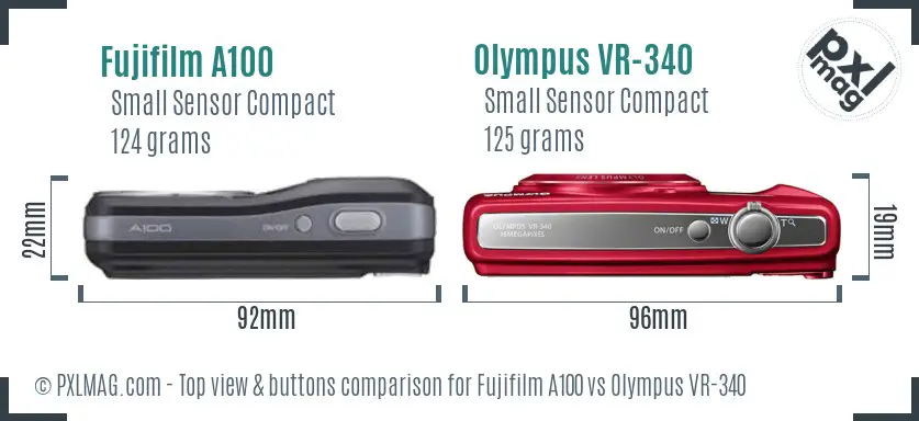 Fujifilm A100 vs Olympus VR-340 top view buttons comparison Fujifilm A100 vs Olympus VR-340 top view buttons comparison