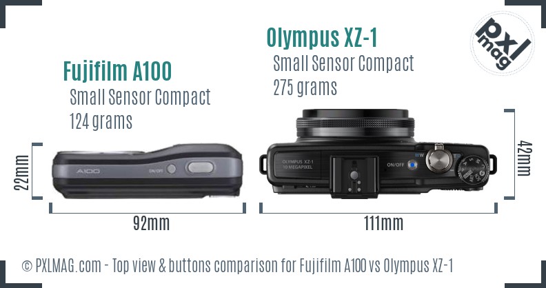 Fujifilm A100 vs Olympus XZ-1 top view buttons comparison