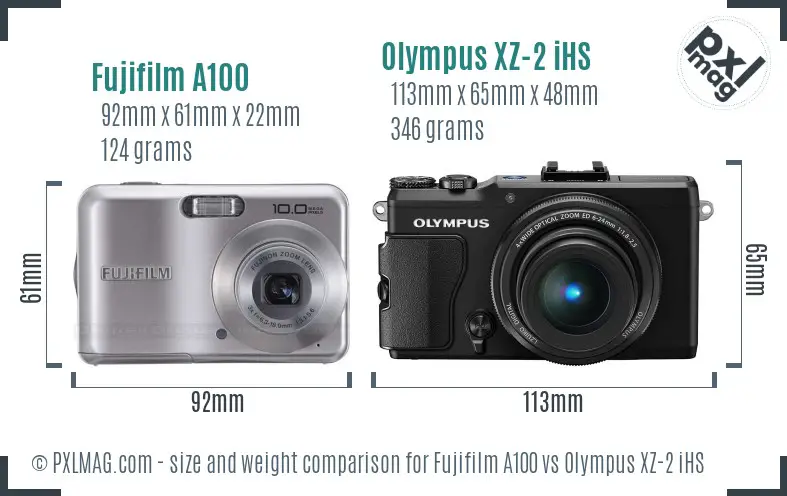 Fujifilm A100 vs Olympus XZ-2 iHS size comparison