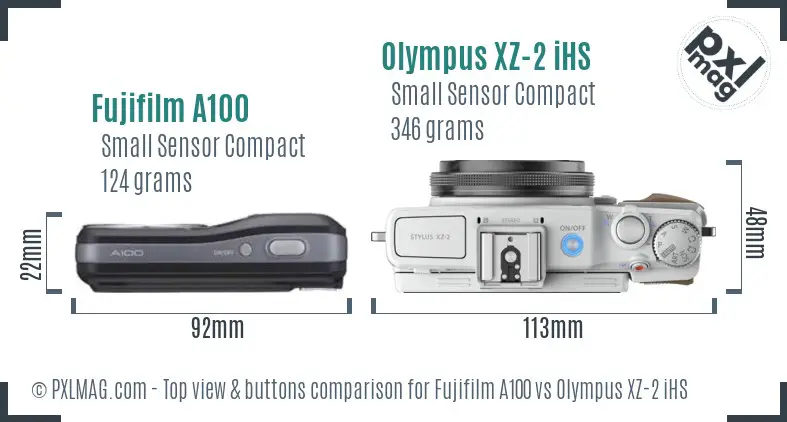 Fujifilm A100 vs Olympus XZ-2 iHS top view buttons comparison