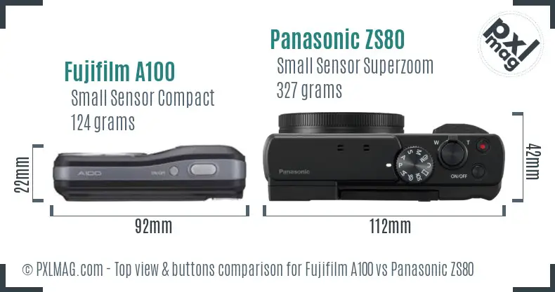 Fujifilm A100 vs Panasonic ZS80 top view buttons comparison Fujifilm A100 vs Panasonic ZS80 top view buttons comparison