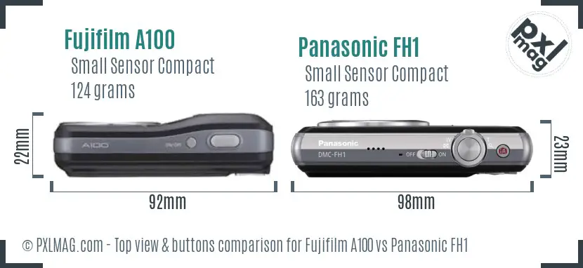 Fujifilm A100 vs Panasonic FH1 top view buttons comparison Fujifilm A100 vs Panasonic FH1 top view buttons comparison