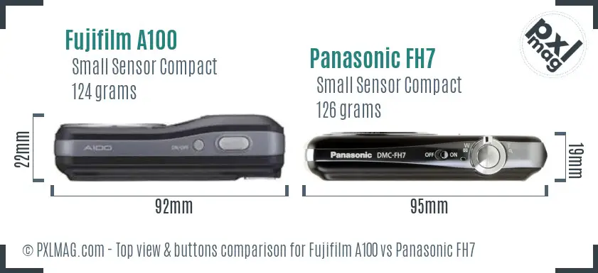 Fujifilm A100 vs Panasonic FH7 top view buttons comparison Fujifilm A100 vs Panasonic FH7 top view buttons comparison