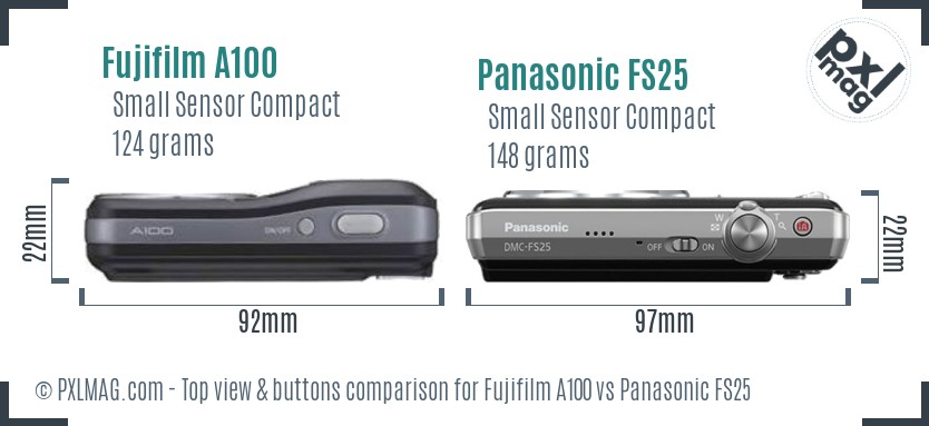 Fujifilm A100 vs Panasonic FS25 top view buttons comparison
