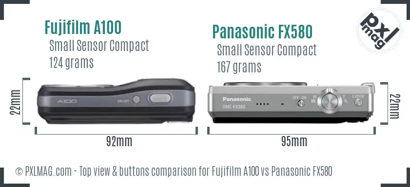 Fujifilm A100 vs Panasonic FX580 top view buttons comparison