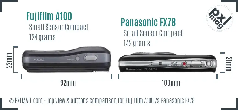 Fujifilm A100 vs Panasonic FX78 top view buttons comparison