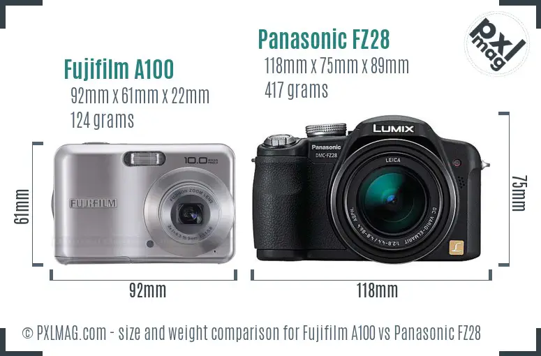 Fujifilm A100 vs Panasonic FZ28 size comparison